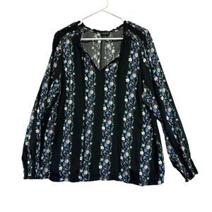 Talbots L‎ Black and Floral Flowing Blouse Long Sleeve Rayon EUC Fairygoth
